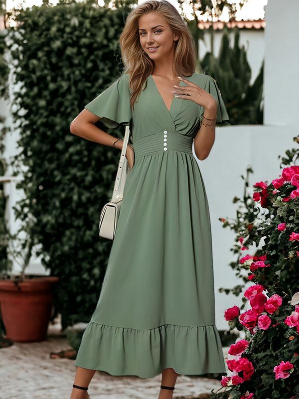 anna kaci V-Neck Flared Ruffle Sleeve Button Detail Dress