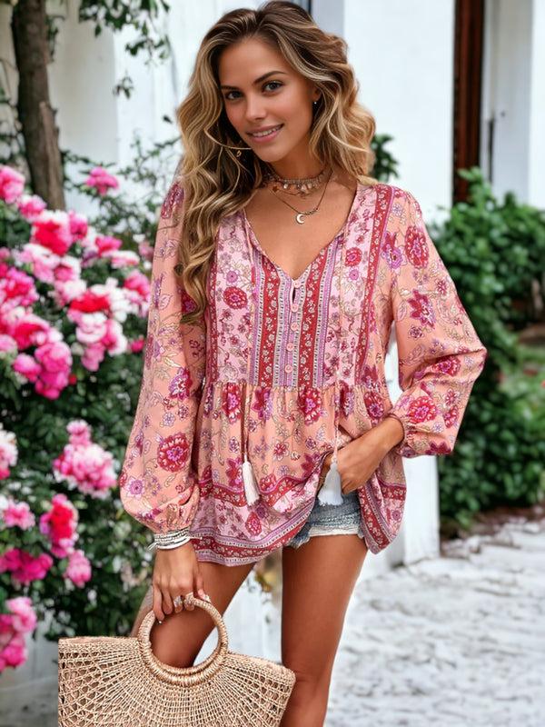 Anna Kaci V-Neck Paisley Boho Printed Long Sleeve V-Neck Top