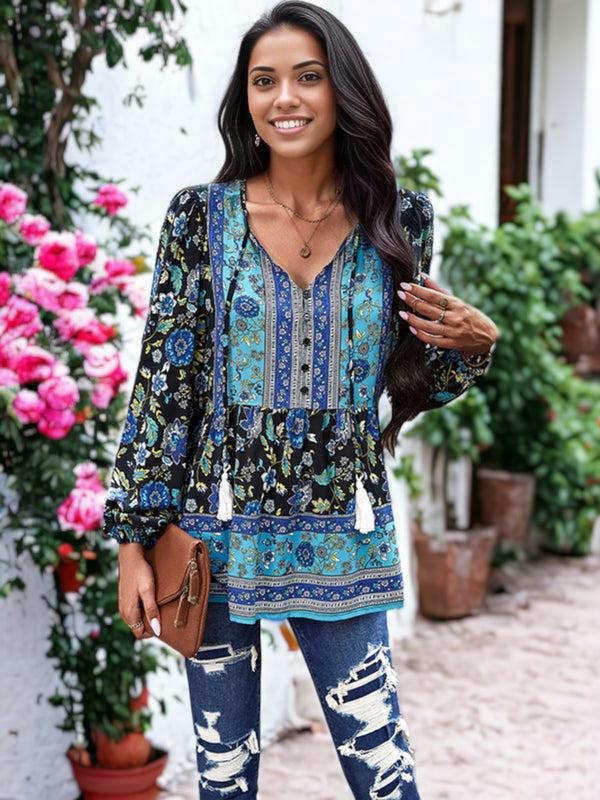 Anna Kaci V-Neck Paisley Boho Printed Long Sleeve V-Neck Top
