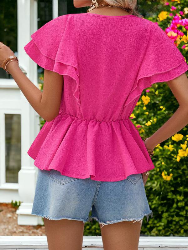 Anna Kaci V-Neck Ruffled Short-Sleeved Smocked Waist Top
