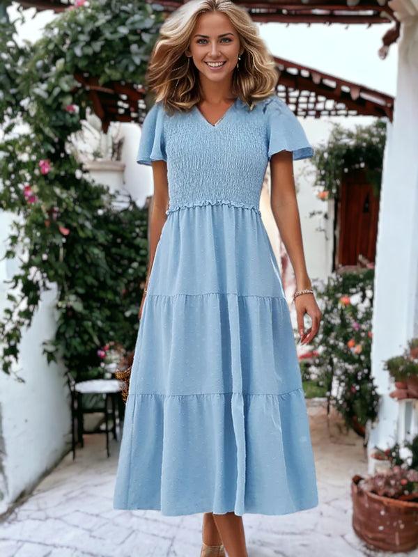 Anna Kaci V-Neck Smocked Chest Gathered Ruffle Midi Clip Dot Dress