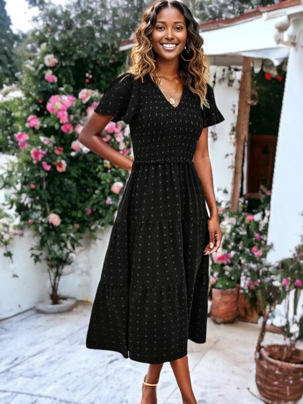 Anna Kaci V-Neck Smocked Chest Gathered Ruffle Midi Clip Dot Dress