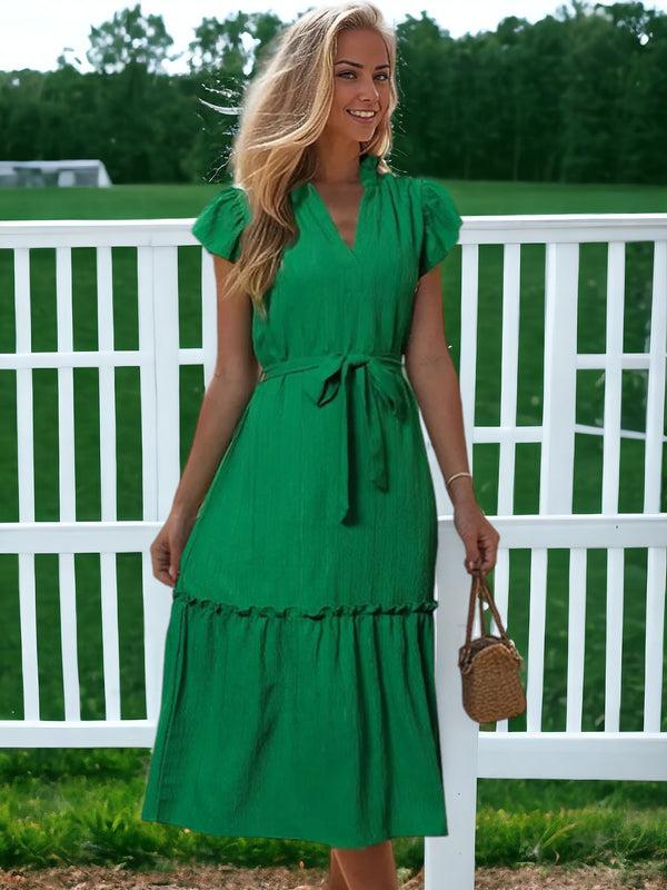 Anna Kaci V-Neck Tie Waist Ruffle Cap Sleeve Midi Dress
