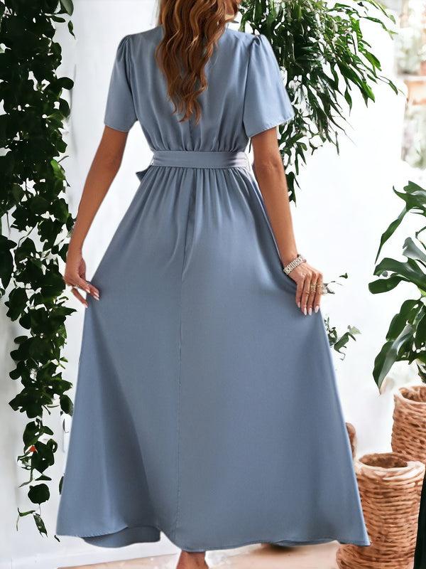 Anna Kaci Women's Elegant Puff Sleeve Waist Tie High Slit Dress