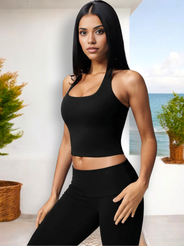 Anna Kaci Women's Halter Neck Crop Top With Racerback Design And Stretch Fit