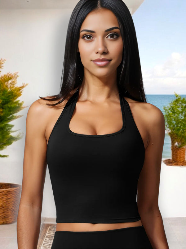 anna kaci Women's Halter Neck Crop Top with Racerback Design and Stretch Fit