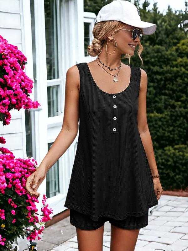 Anna Kaci Women's Ribbed Tracksuit With Tank Top Vest And Drawstring Shorts