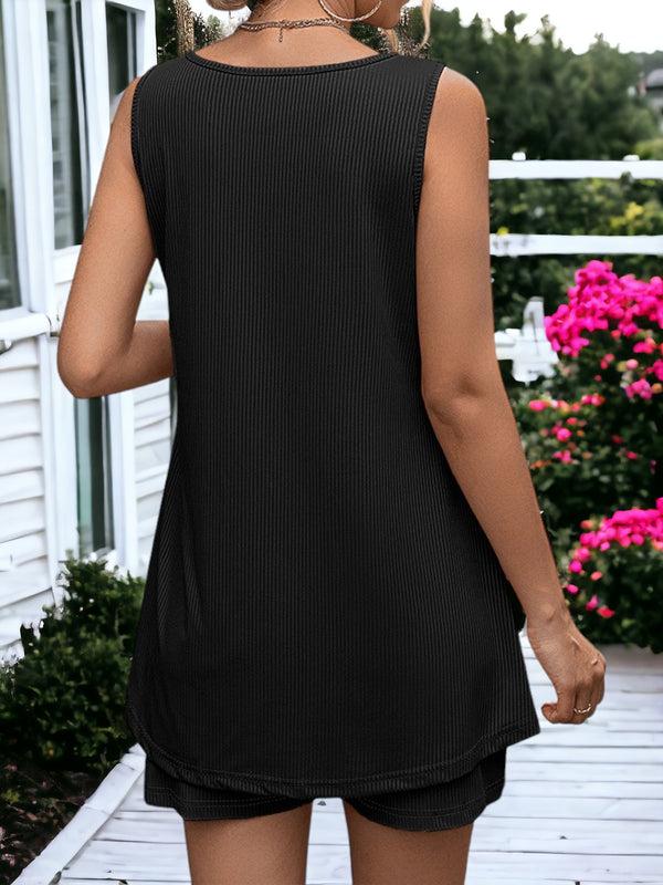 Anna Kaci Women's Ribbed Tracksuit With Tank Top Vest And Drawstring Shorts