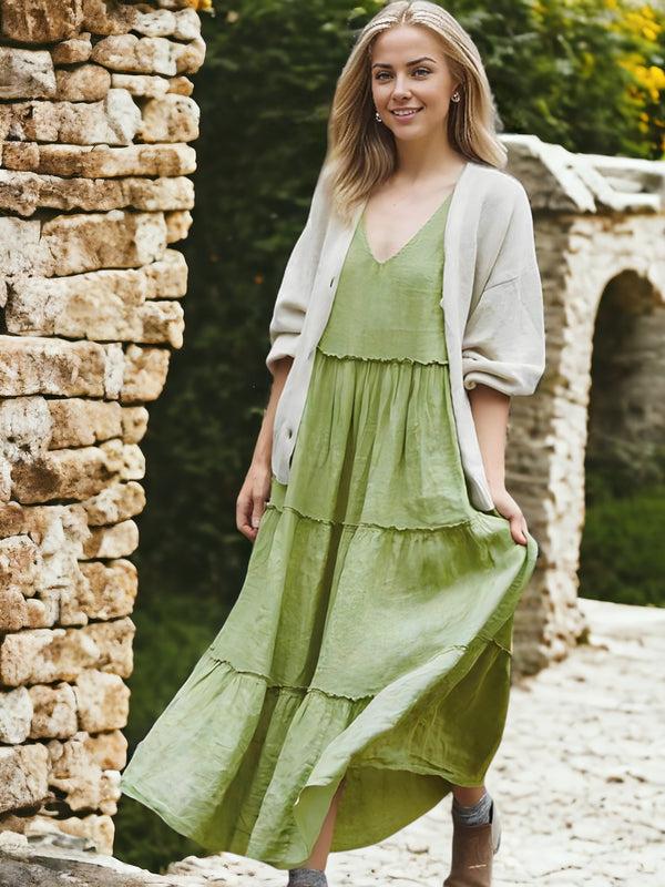 anna kaci Women's Ribbon Tie Sleeve Ruffle Long Dress