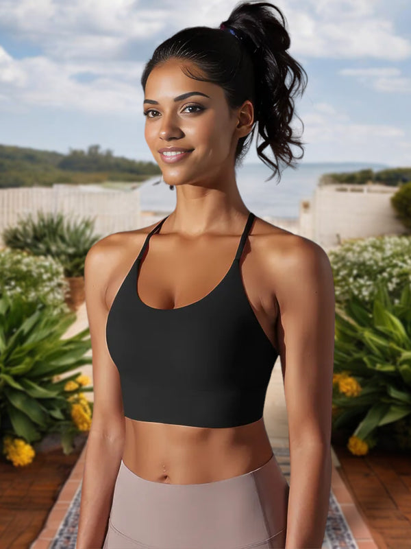 Anna Kaci Women's Strappy Back Sports Bra With Scoop Neckline And Padded Support