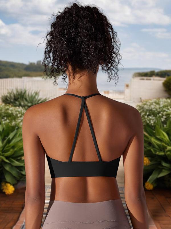 Anna Kaci Women's Strappy Back Sports Bra With Scoop Neckline And Padded Support