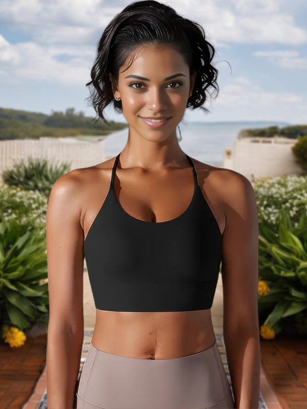 anna kaci Women's Strappy Back Sports Bra with Scoop Neckline and Padded Support