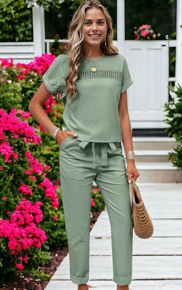 Anna Kaci Women's Two Piece Set Batwing Sleeve Patch Lace Top And Waist Tie Pants