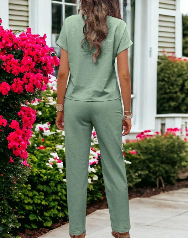 Anna Kaci Women's Two Piece Set Batwing Sleeve Patch Lace Top And Waist Tie Pants