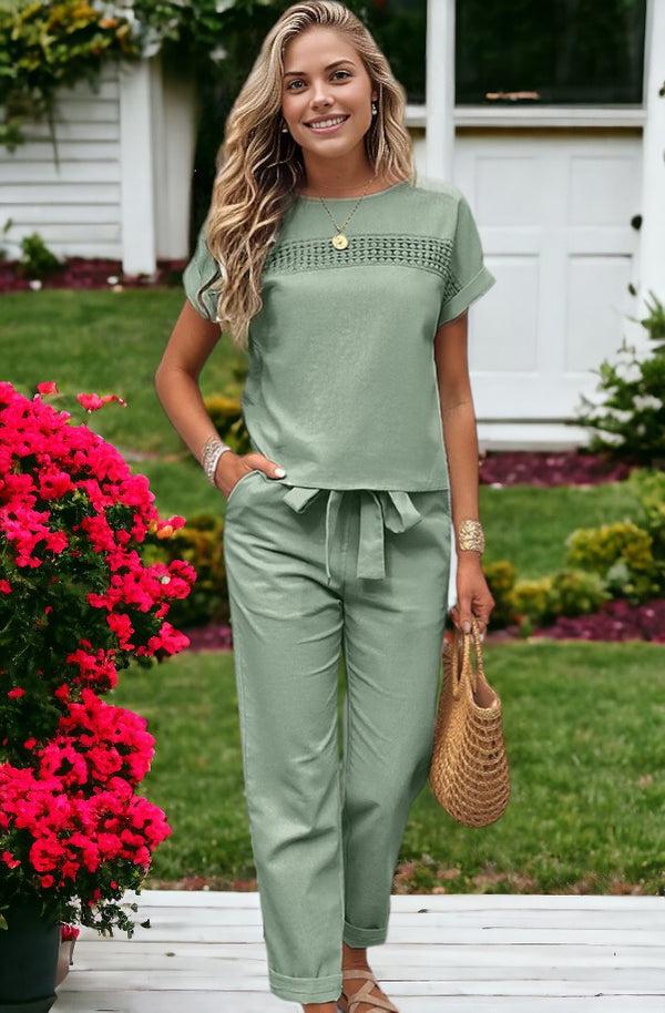 anna kaci Women's Two Piece Set Batwing Sleeve Patch Lace Top And Waist Tie Pants