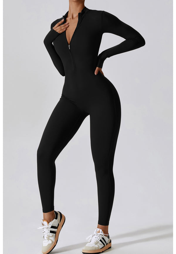 Anna Kaci Zipper Long Sleeved Fitness Training Workout Bodysuit