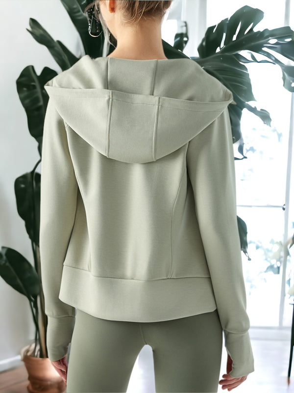 Anna Kaci Zippered Front Long Sleeve Hooded Fitness Jacket