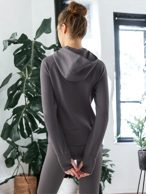 Anna Kaci Zippered Front Long Sleeve Hooded Fitness Jacket