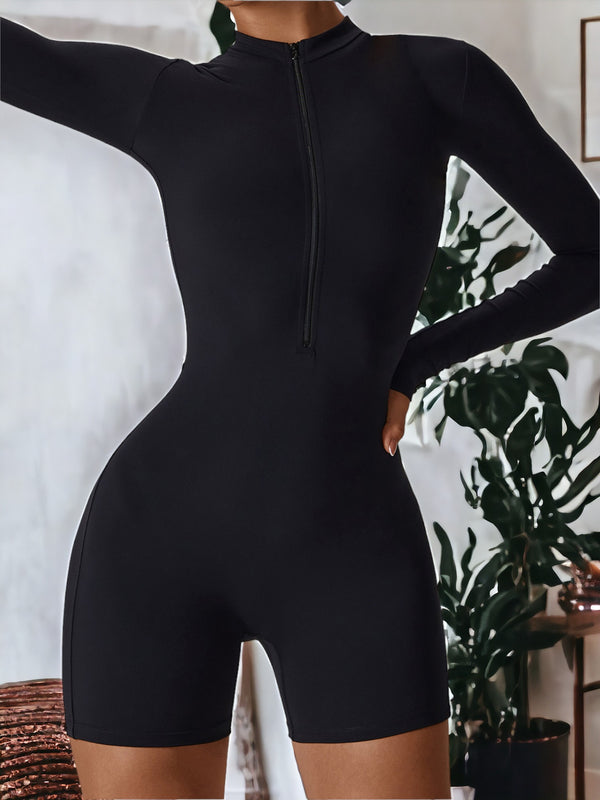 Anna Kaci Zippered Long-Sleeved Tight Sports Jumpsuit