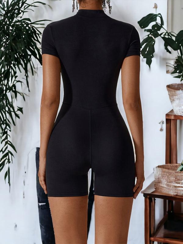 Anna Kaci Zippered Short-Sleeved Tight Yoga Jumpsuit