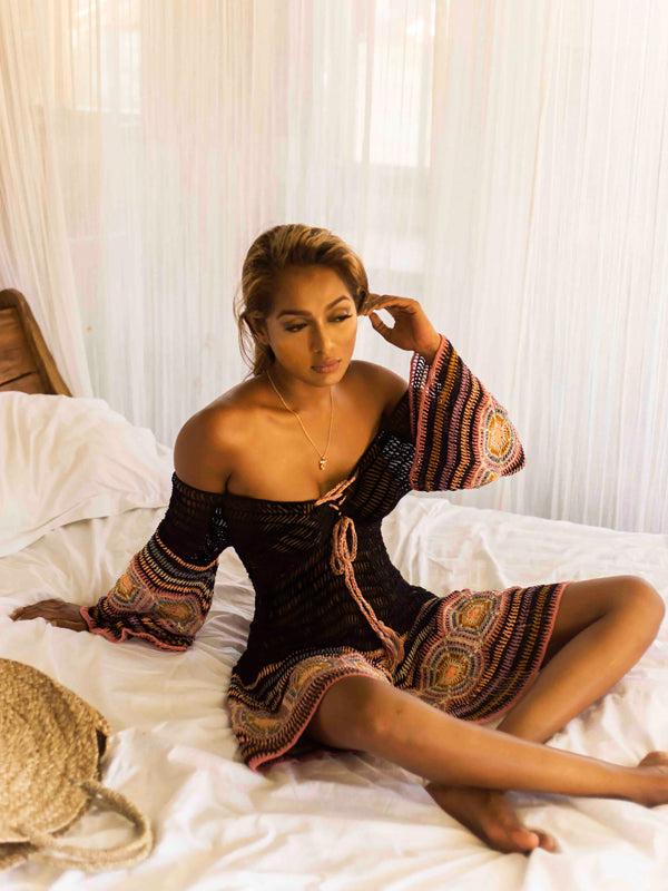 Anna Kosturova Crochet Carly Mini Dress Black