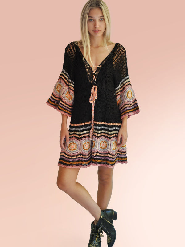 Anna Kosturova Crochet Carly Mini Dress Black