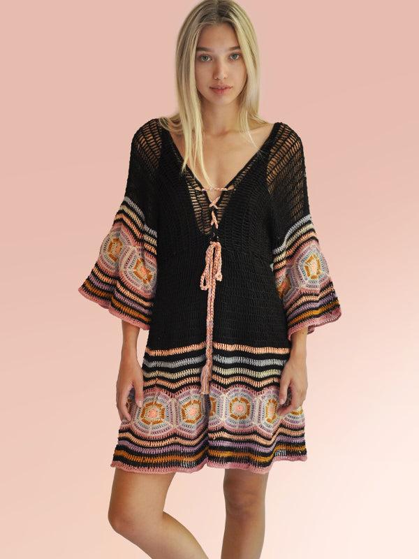 Anna Kosturova Crochet Carly Mini Dress Black