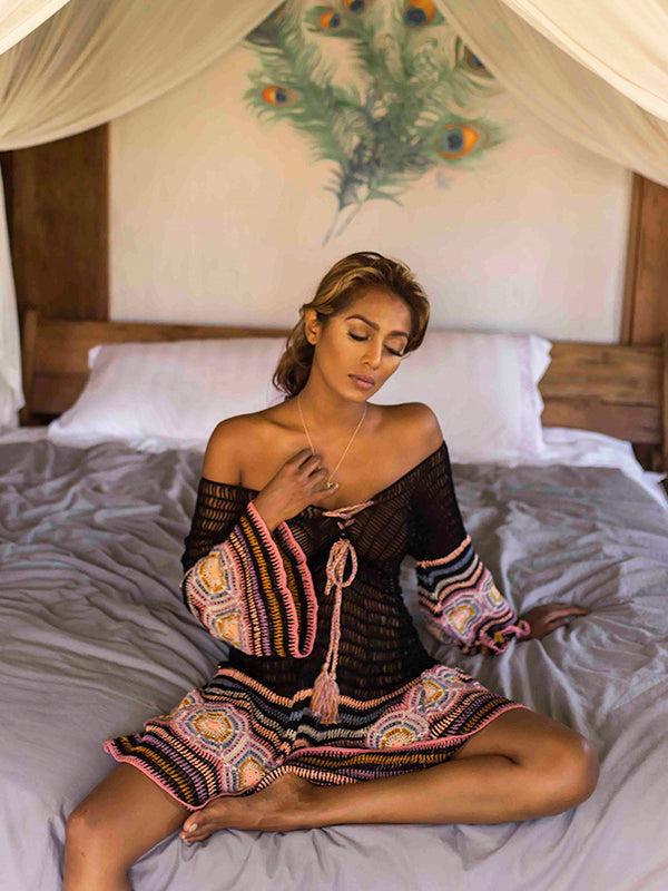 anna kosturova Crochet Carly Mini Dress Black