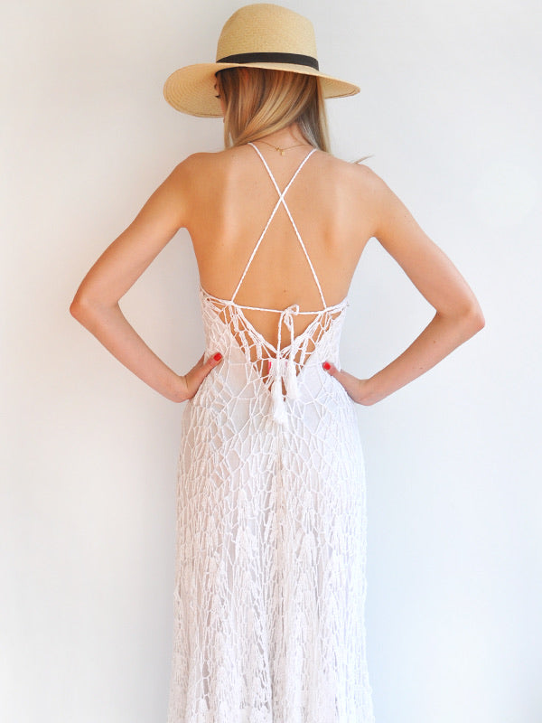 Anna Kosturova Crochet Feather Maxi Dress