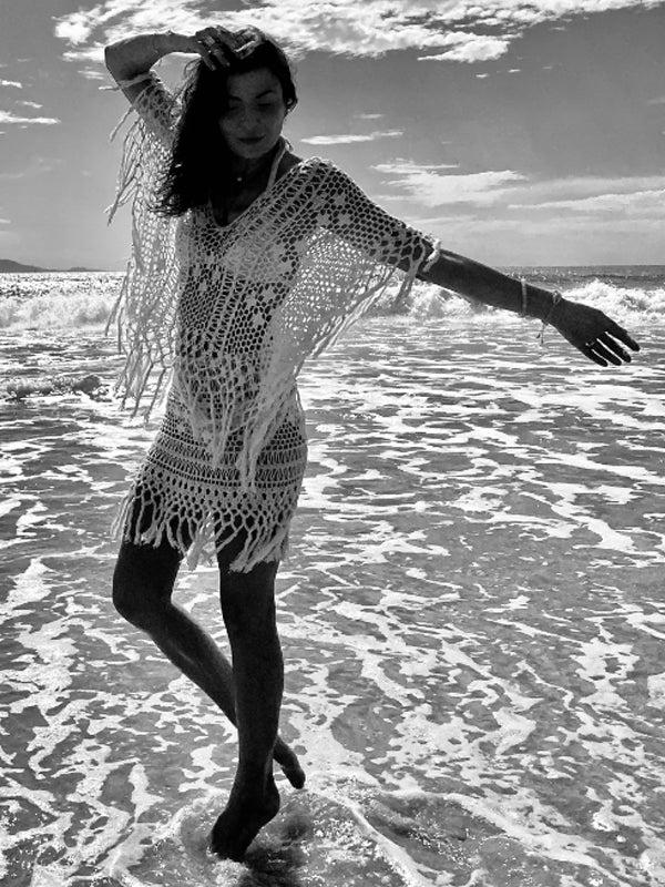 anna kosturova Crochet Fringe Poncho Top