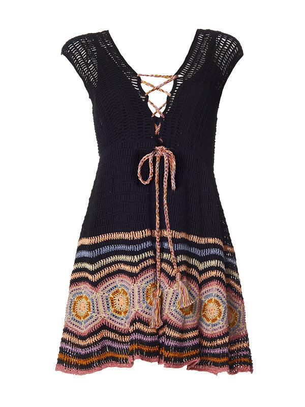 anna kosturova Crochet Janice Mini Dress Black