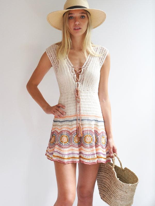 anna kosturova Crochet Janice Mini Dress Cream