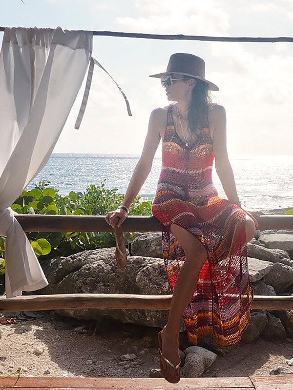 Anna Kosturova Crochet Marsala Stripe Dress