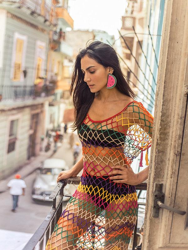 Anna Kosturova Crochet Red Stripe Mesh Dress