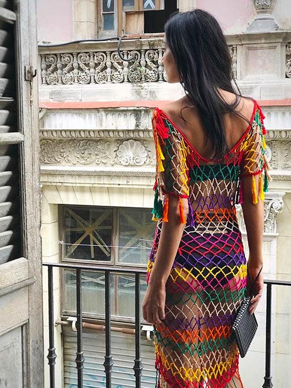 Anna Kosturova Crochet Red Stripe Mesh Dress