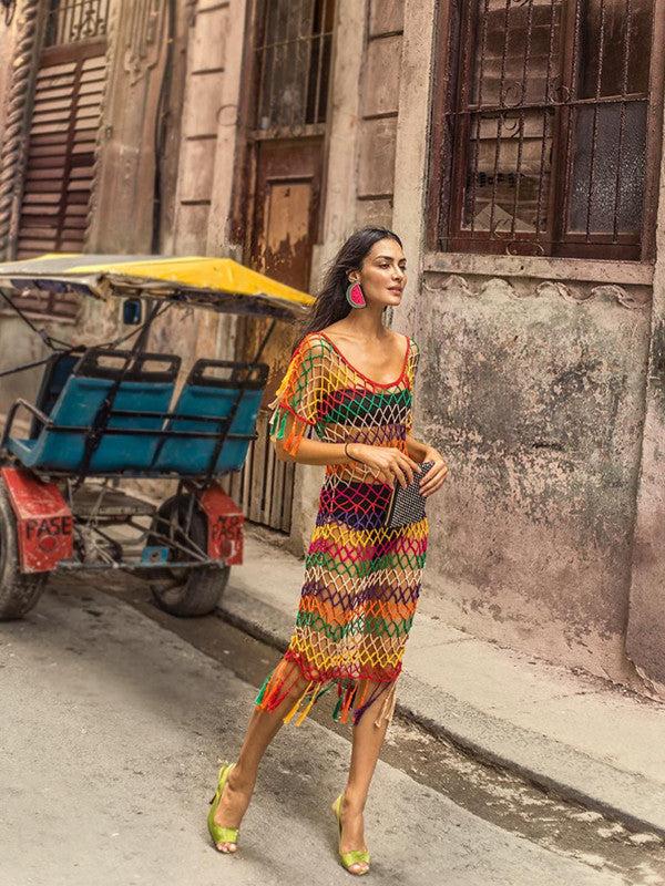 Anna Kosturova Crochet Red Stripe Mesh Dress