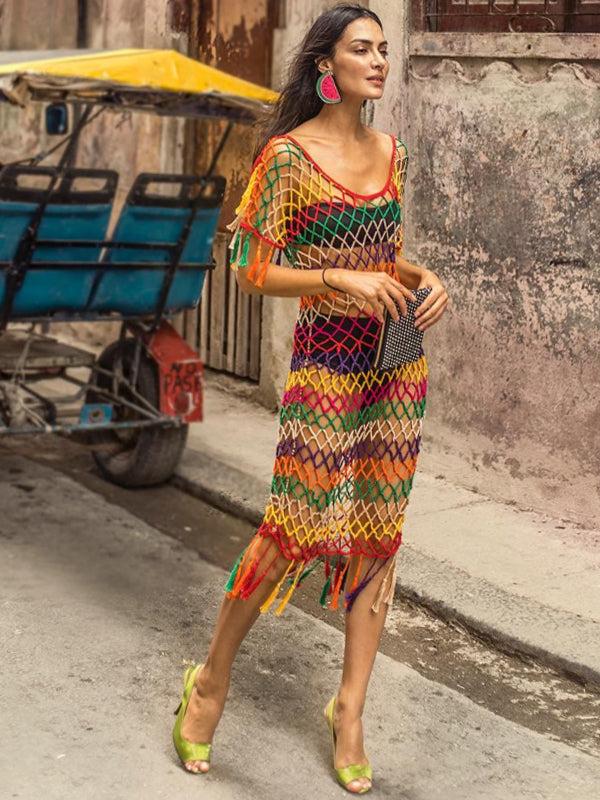 anna kosturova Crochet Red Stripe Mesh Dress