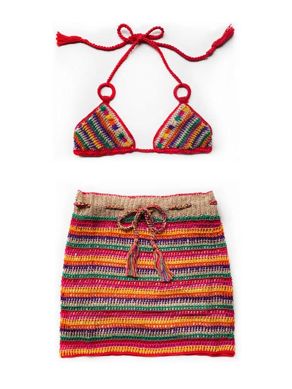 anna kosturova Crochet Red Stripe Mini Skirt