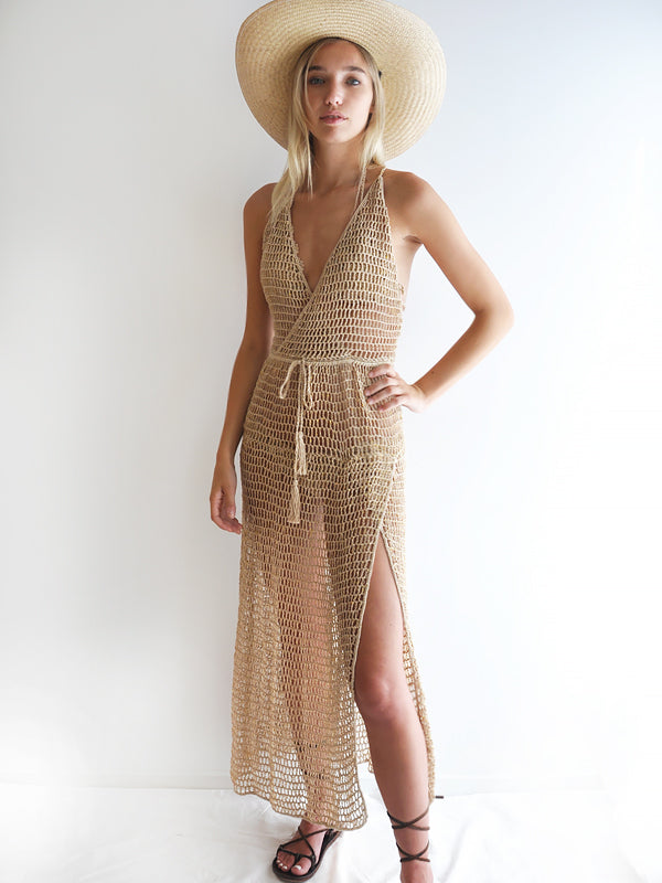 Anna Kosturova Crochet Stevie Slip Dress Gold