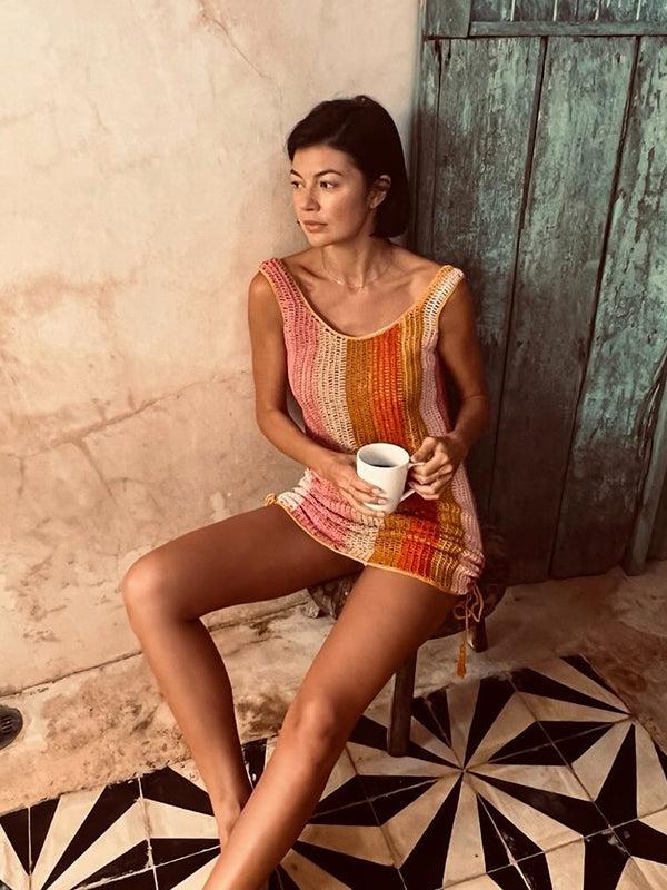 anna kosturova Crochet Sunset Cinched Mini Dress