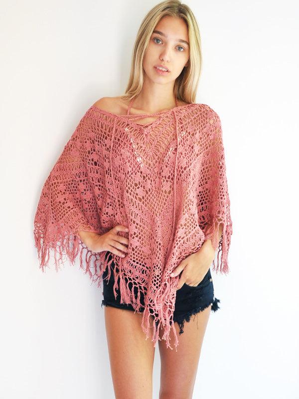 anna kosturova Crochet Tassel Lace-Up Poncho