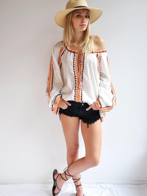 anna kosturova Marsala Trim Boho Blouse