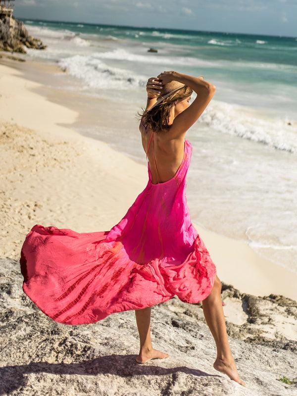 Anna Kosturova Silk T-Strap Maxi Dress - Neon Fire