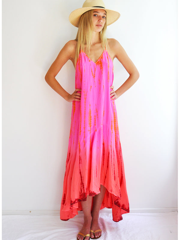 Anna Kosturova Silk T-Strap Maxi Dress - Neon Fire