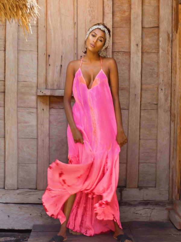 anna kosturova Silk T-Strap Maxi Dress - Neon Fire