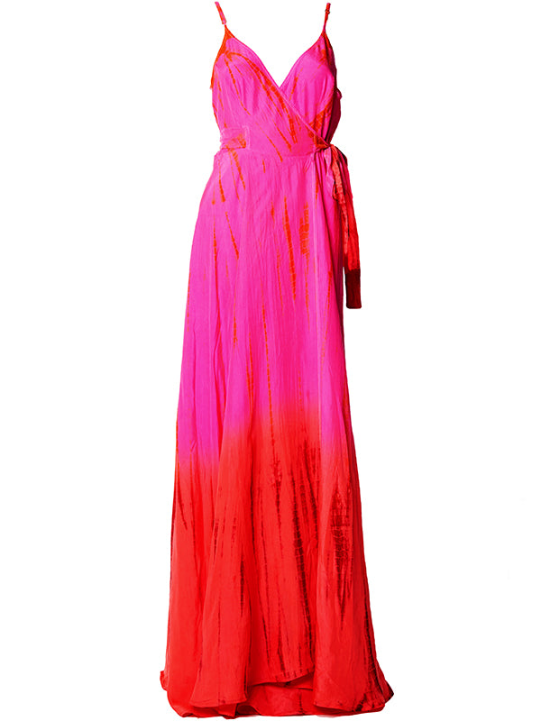 Anna Kosturova Silk Wrap Slip Maxi Dress - Neon Fire