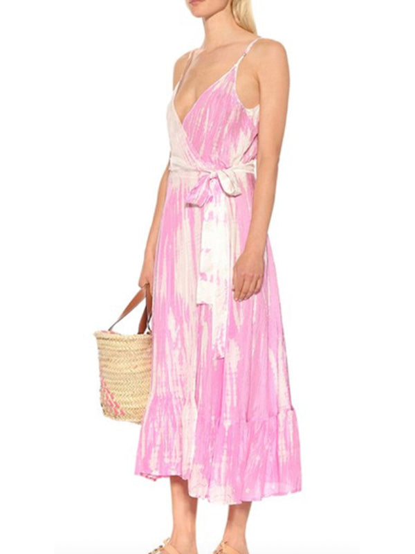Anna Kosturova Tia Silk Wrap Midi Dress - Pink White
