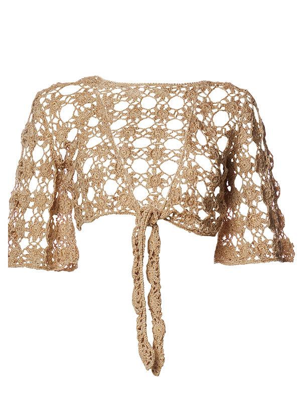 Anna Kosturova Crochet Bella Bell Sleeve Tie Top - Gold