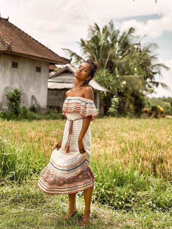 anna kosturova Crochet Carmen Off Shoulder Midi Dress - Cream