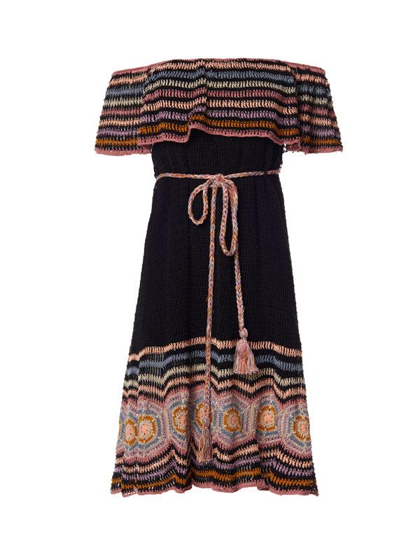 Anna Kosturova Crochet Carmen Off-Shoulder Mini Dress - Black